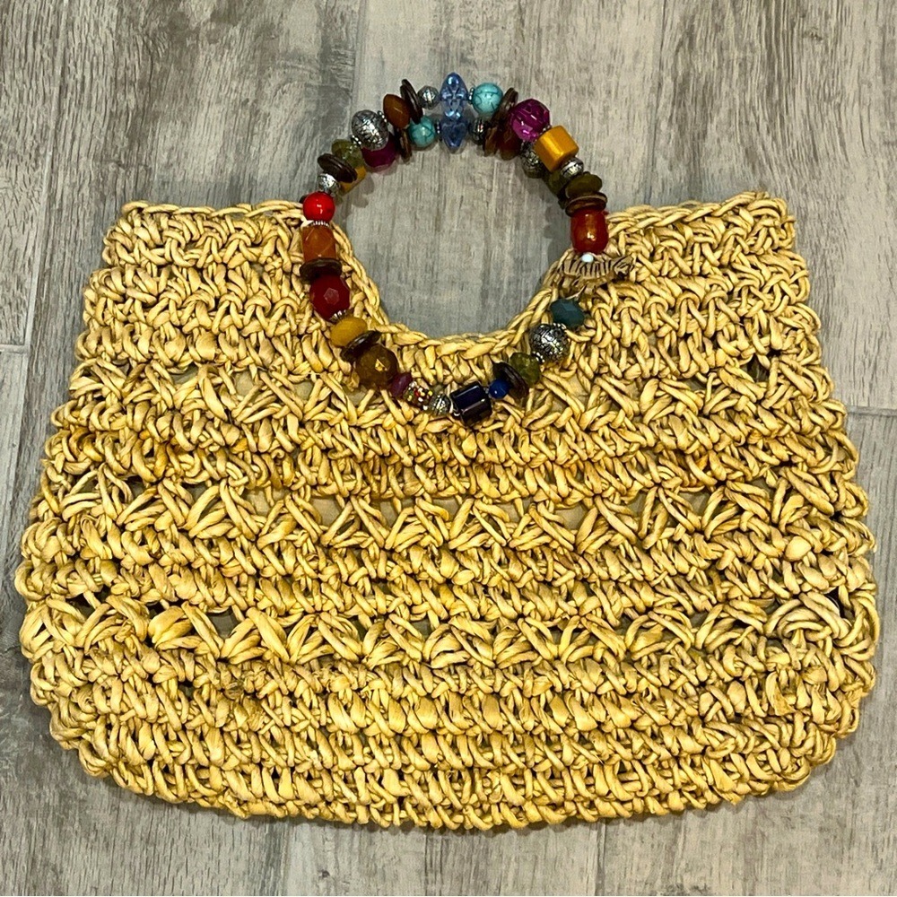 Cappelli Chunky Crochet Woven Straw Purse Med Tote‎ Handbag Round Beaded Handles